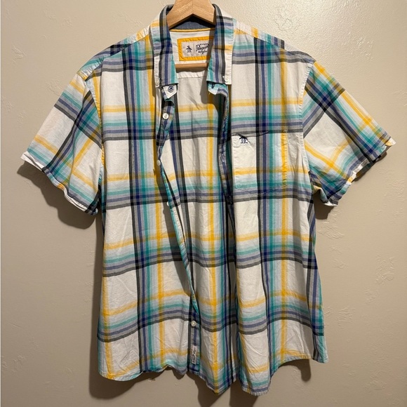 Original Penguin Men's Multicolor Plaid Button Down Short Sleeve Shirt Cotton XL - Picture 3 of 12